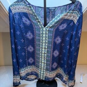 Lucky Brand V Neck Tunic Floral Mosaic Pattern Navy White Purple M